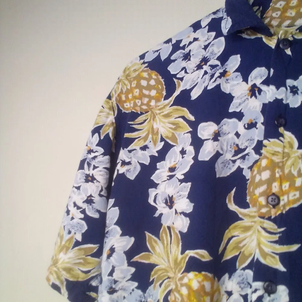 Newport Blue Shirt Men S Button Up Short Sleeve Tropical Floral Pineapple Blue - Picture 4 of 14